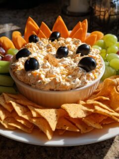 A vibrant Hocus Pocus Snack Board featuring a central cheese dip topped with black olives, surrounded by carrots, grapes, celery, and tortilla chips.