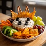 A festive Hocus Pocus Snack Board featuring a central dip decorated with olive slices for eyes, surrounded by chips, pretzels, carrots, peppers, and grapes.