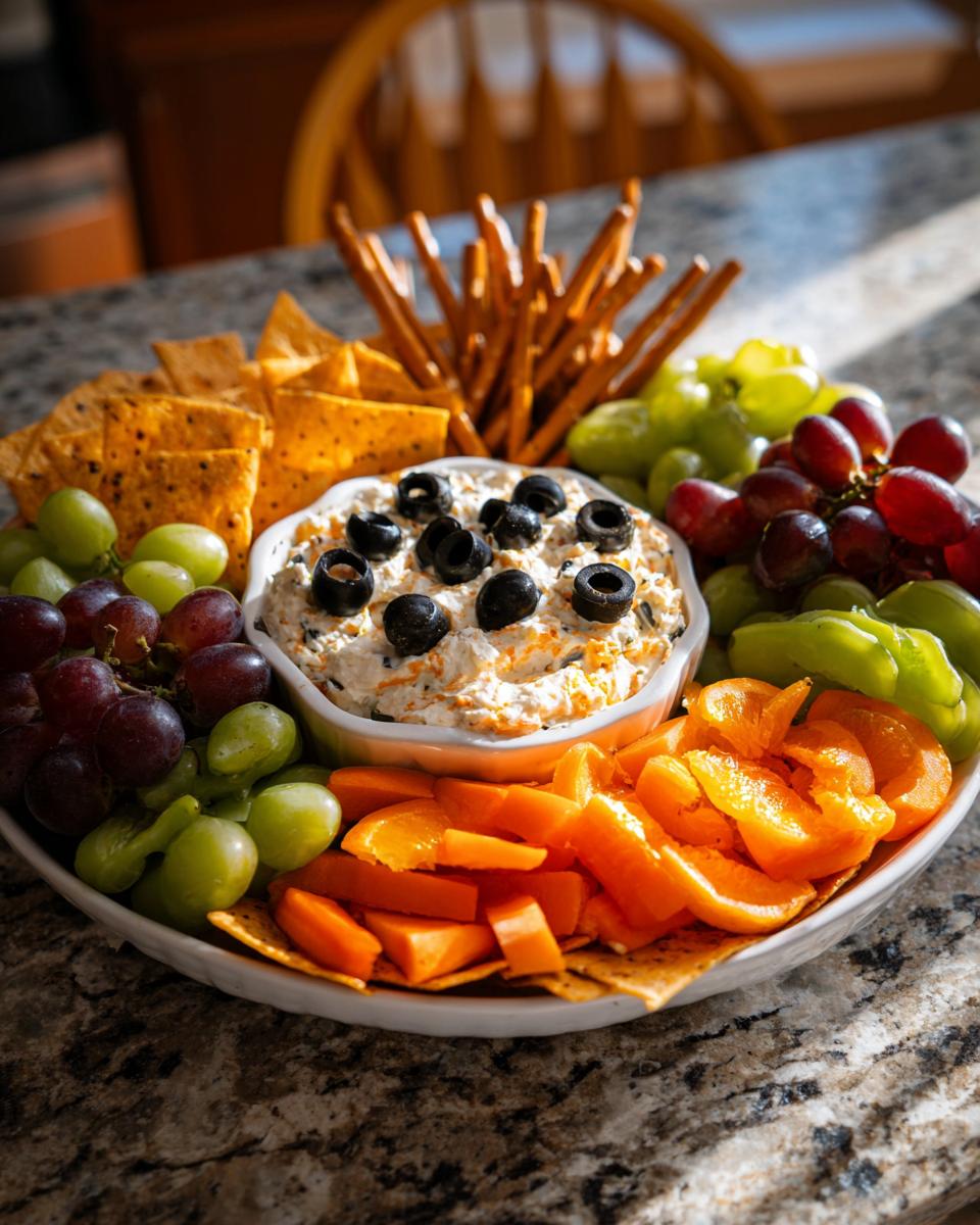 A vibrant Hocus Pocus Snack Board featuring a central dip topped with olives, surrounded by grapes, orange bell peppers, chips, and pretzel sticks.