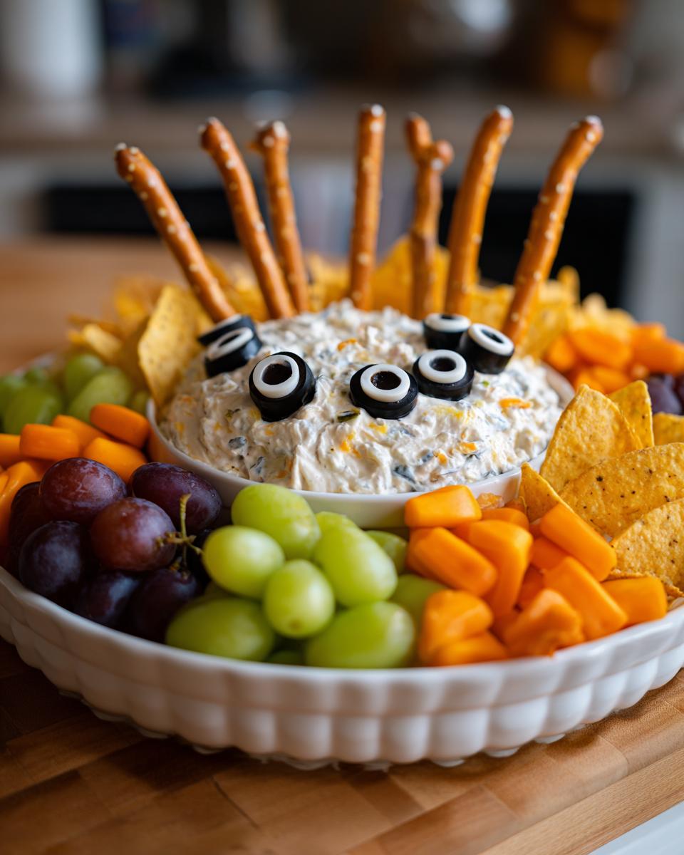 A Hocus Pocus Snack Board featuring a monster dip decorated with olive eyes and pretzel stick legs, surrounded by grapes, carrots, and tortilla chips.