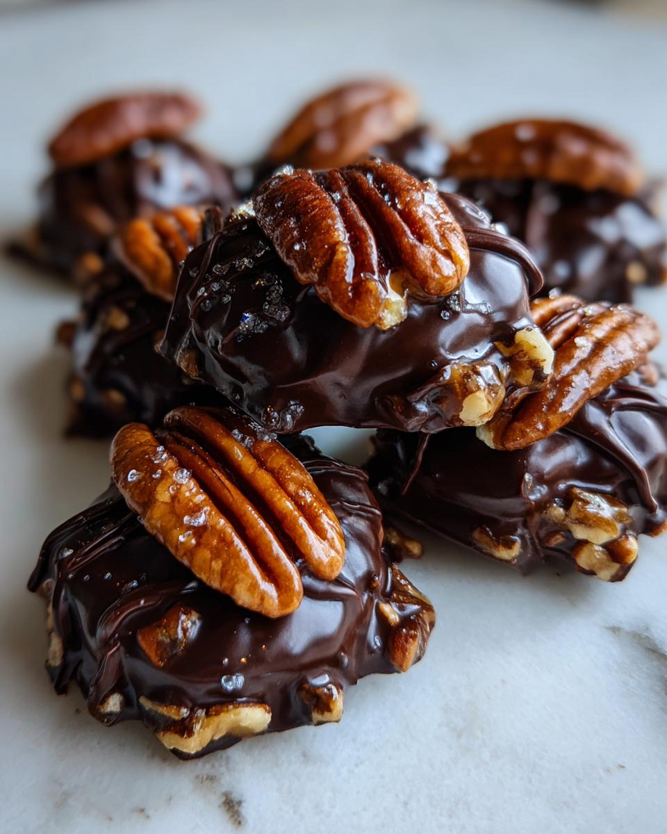 Close-up of several decadent Christmas Pecan Turtles, dipped in rich chocolate and topped with a pecan half and sparkling sea salt.