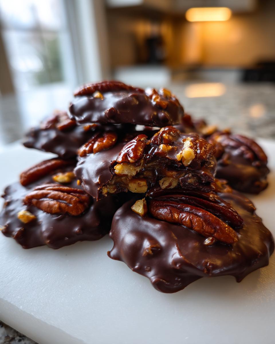 A stack of rich, dark chocolate Christmas Pecan Turtles topped with whole pecans, one is broken open showing caramel filling.