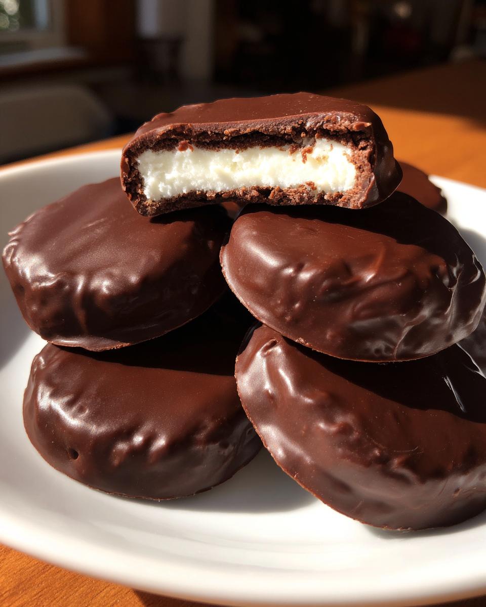 Close-up of homemade Peppermint Patties stacked on a white plate, one cut in half showing the white mint filling and dark chocolate coating.