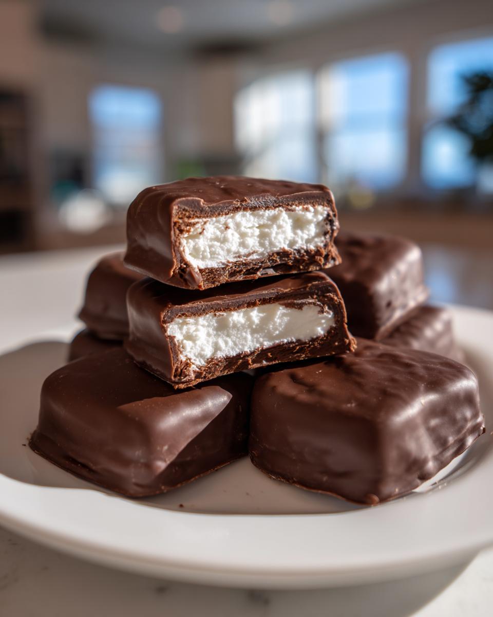 A stack of homemade chocolate covered Peppermint Patties, with the top two cut open to show the white mint filling.