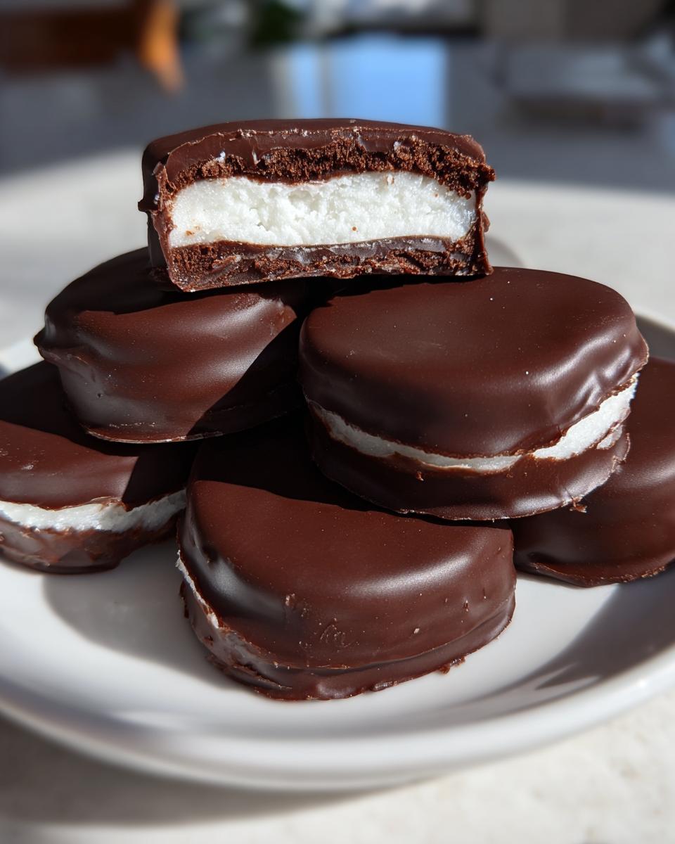 A stack of homemade Peppermint Patties, with one cut in half showing the white mint filling and dark chocolate coating.