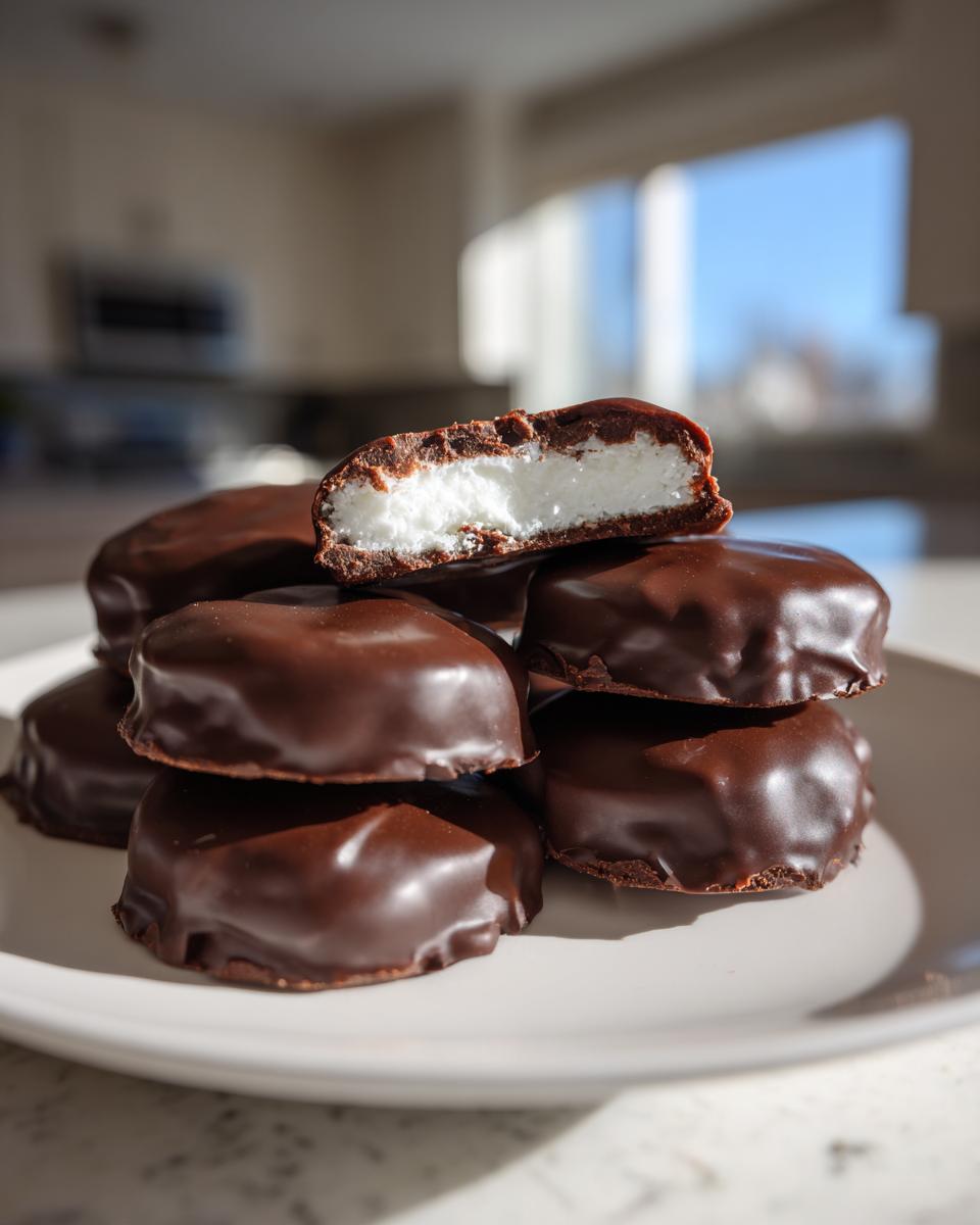 Stack of homemade chocolate-covered Peppermint Patties, one cut open revealing the white mint filling.