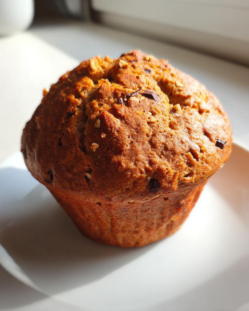 A close-up, golden-brown Monster Muffin studded with chocolate chips and nuts, sitting on a white plate in bright sunlight.