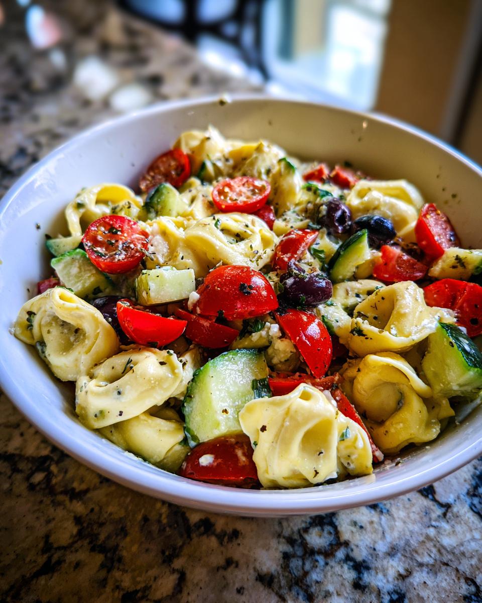 Close-up of a white bowl filled with Italian Tortellini Pasta Salad featuring tortellini, cherry tomatoes, cucumber, and olives.