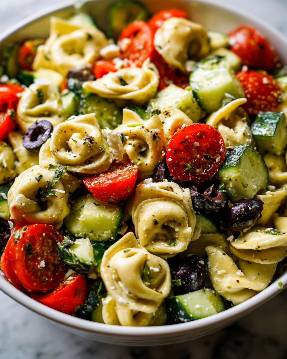 Close-up of vibrant Italian Tortellini Pasta Salad featuring tortellini, cherry tomatoes, cucumbers, and olives.