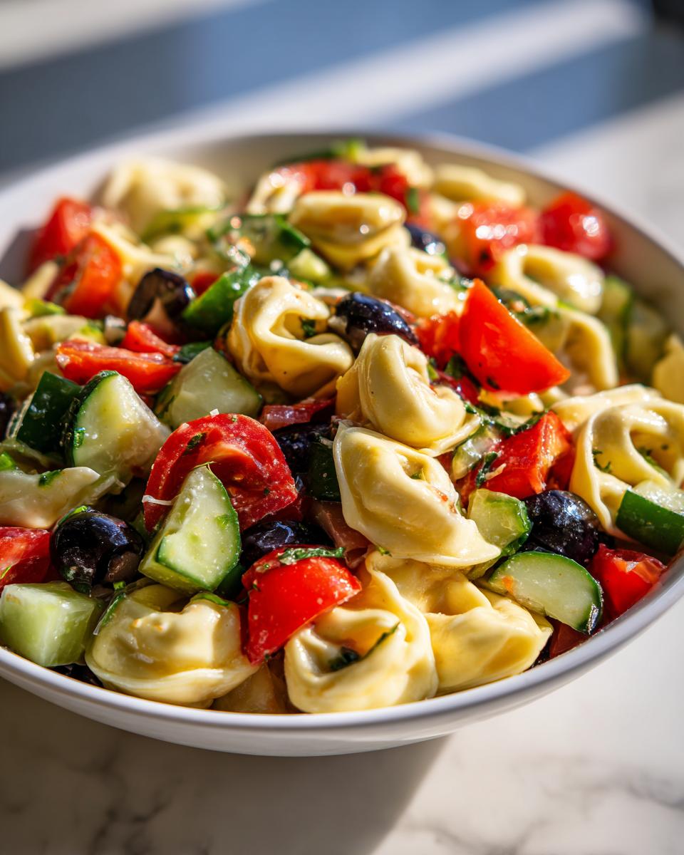A close-up view of a vibrant Italian Tortellini Pasta Salad featuring tortellini, chopped tomatoes, cucumbers, and black olives.
