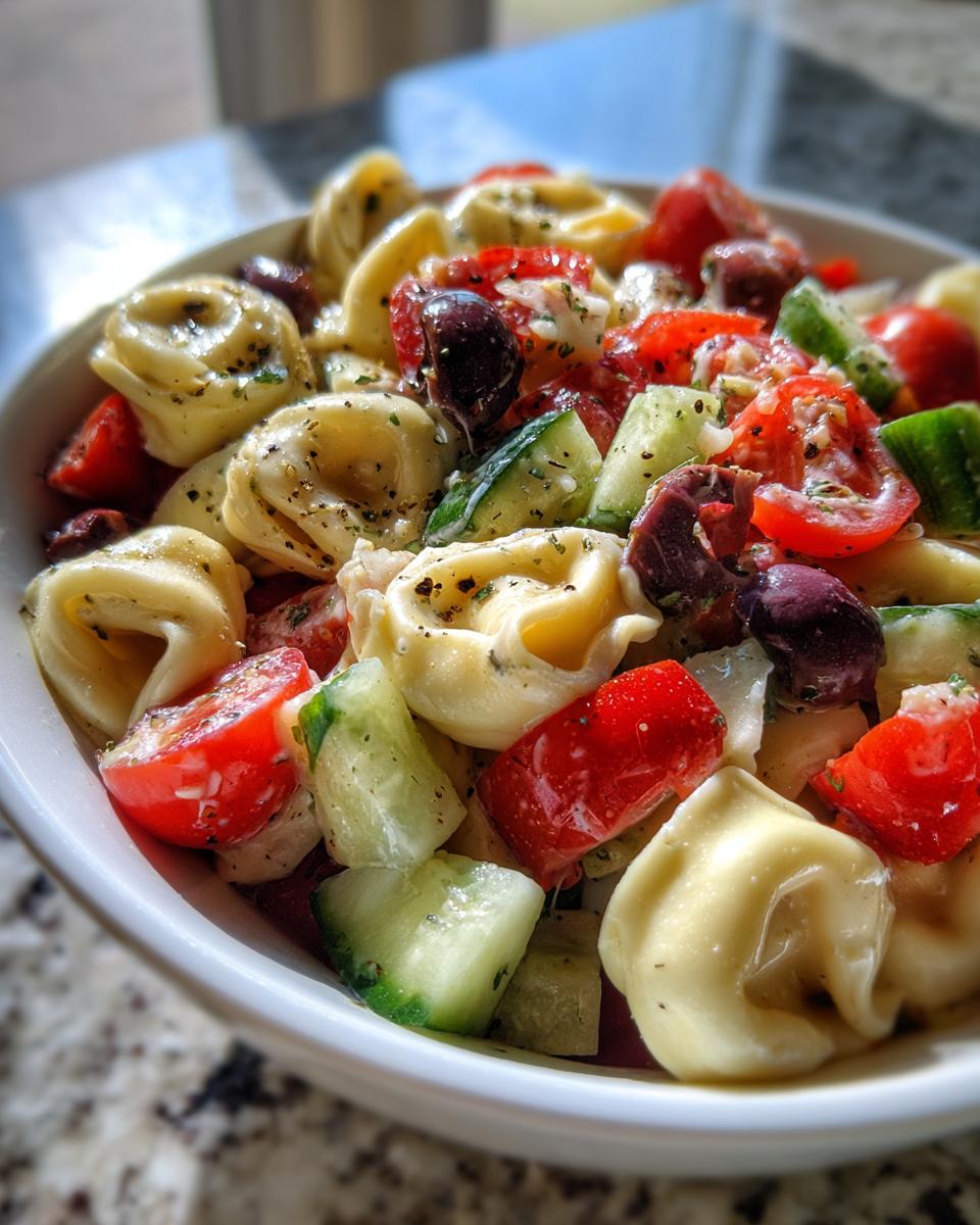 A close-up of a white bowl filled with Italian Tortellini Pasta Salad featuring tortellini, cherry tomatoes, cucumbers, and olives.