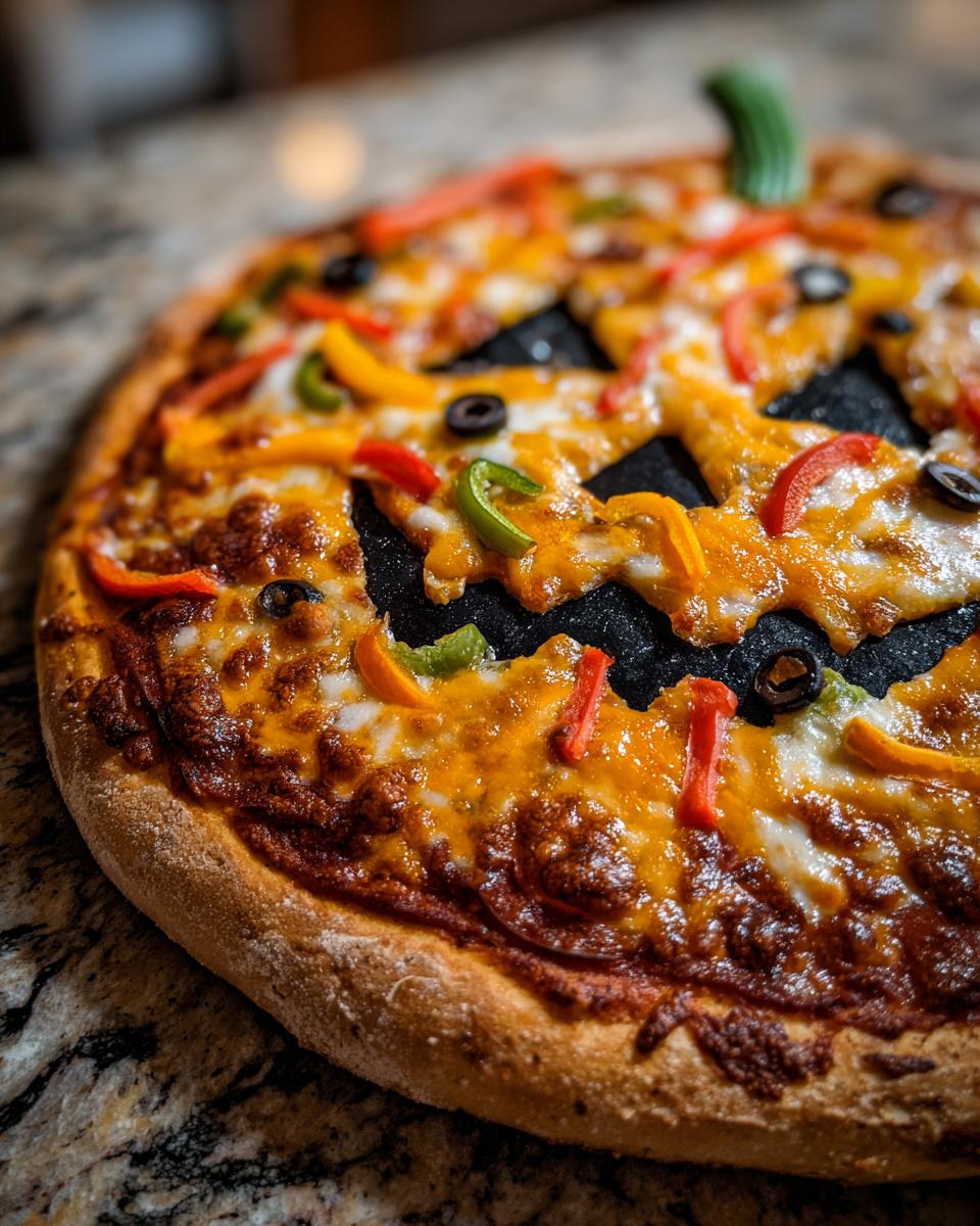 A close-up of a Jack O Lantern Halloween Pizza featuring melted cheese and colorful bell pepper slices arranged like a jack-o-lantern face.