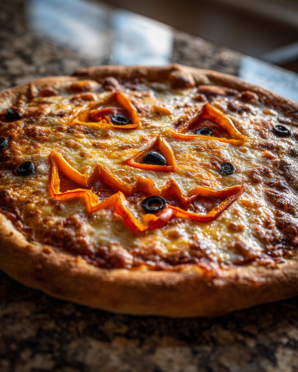 A baked Jack O Lantern Halloween Pizza featuring a face made from orange bell peppers and black olive eyes and nose.