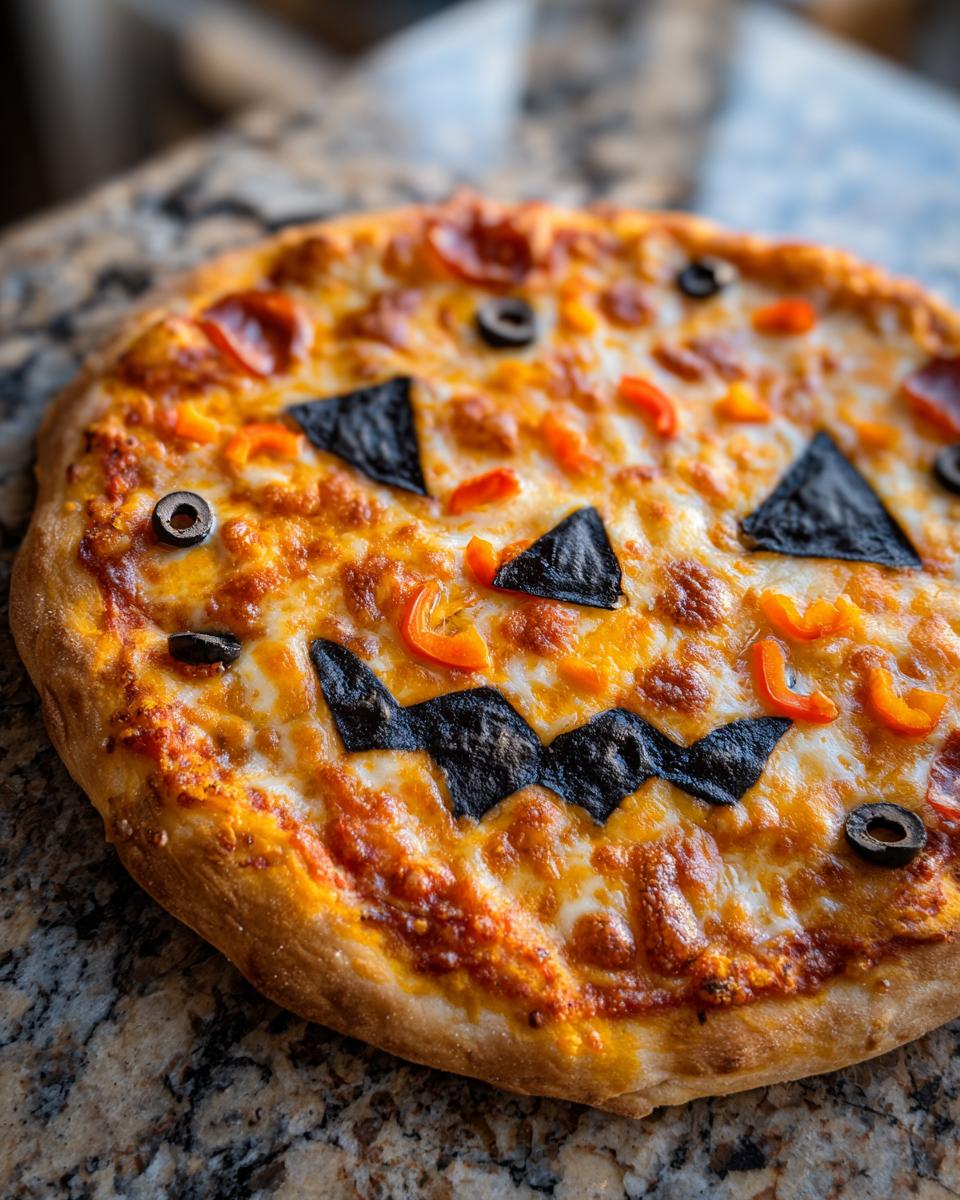 A baked Jack O Lantern Halloween Pizza decorated with black olives and tortilla chips for the face on melted cheese.