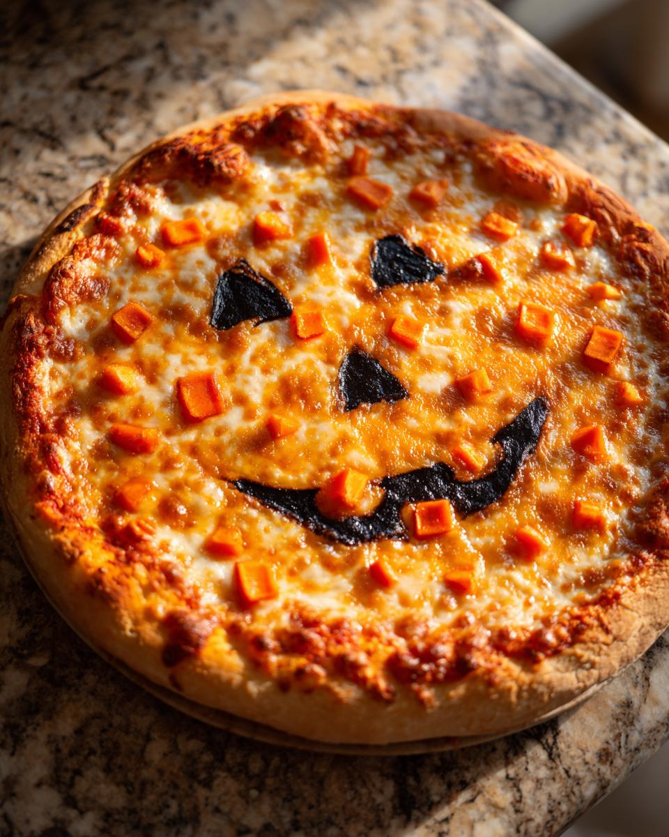 A fully baked Jack O Lantern Halloween Pizza featuring melted cheese, orange pepper pieces for teeth, and black olive shapes for the eyes and mouth.