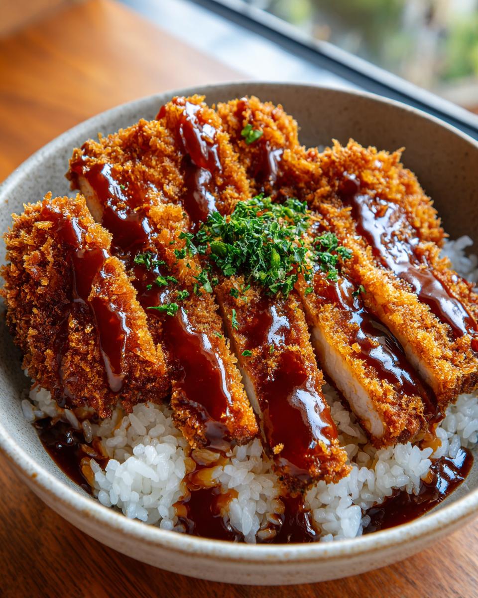Close-up of sliced, crispy Japanese Katsu Bowls served over white rice and drizzled with dark tonkatsu sauce.