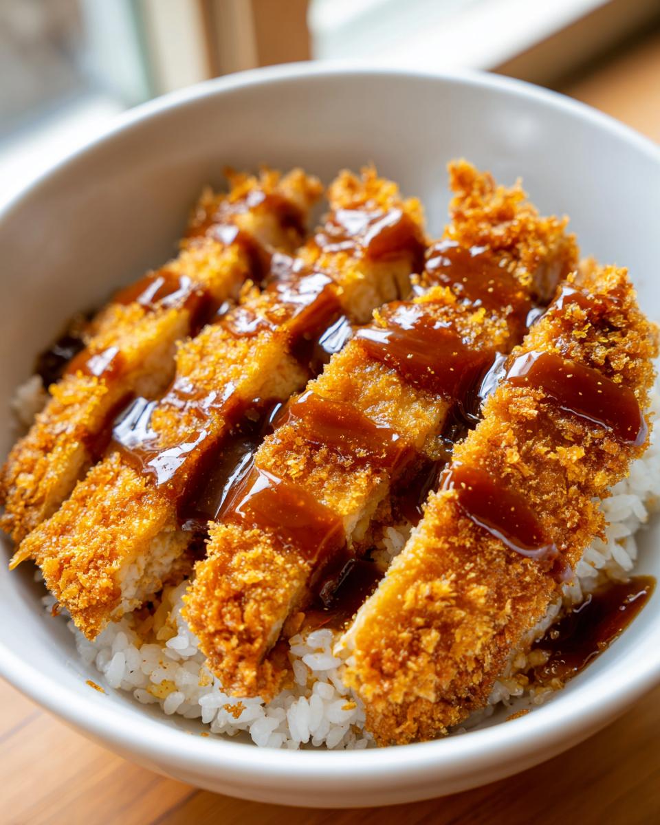 Close-up of sliced, breaded pork cutlet drizzled with dark sauce served over white rice in a Japanese Katsu Bowls preparation.