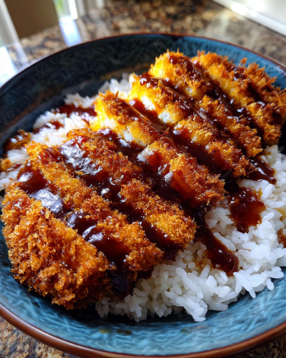 Close-up of sliced, crispy breaded pork drizzled with dark sauce over white rice in a blue bowl, ready to eat Japanese Katsu Bowls.