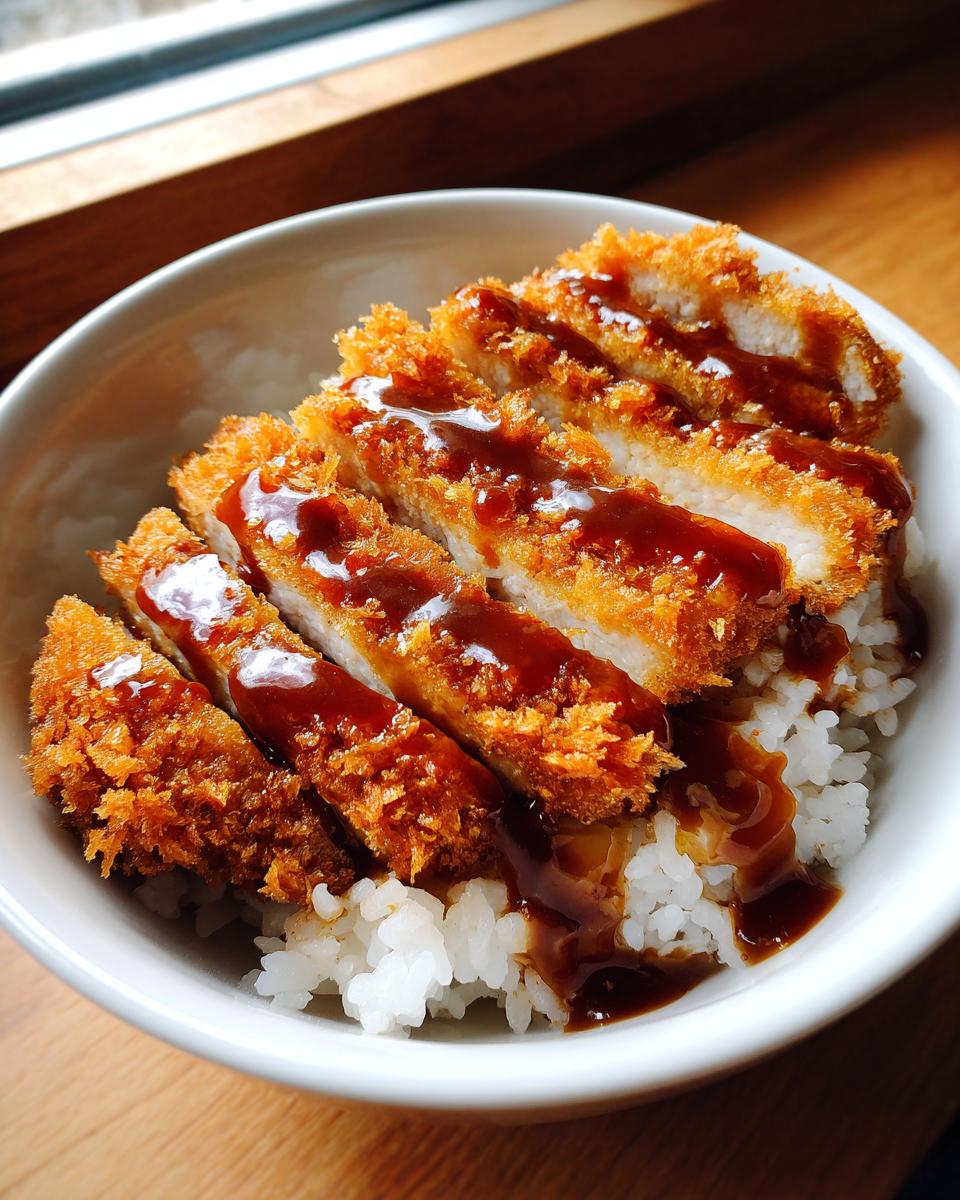 Close-up of sliced, breaded pork cutlet drizzled with sauce over white rice in a bowl, ready to eat Japanese Katsu Bowls.