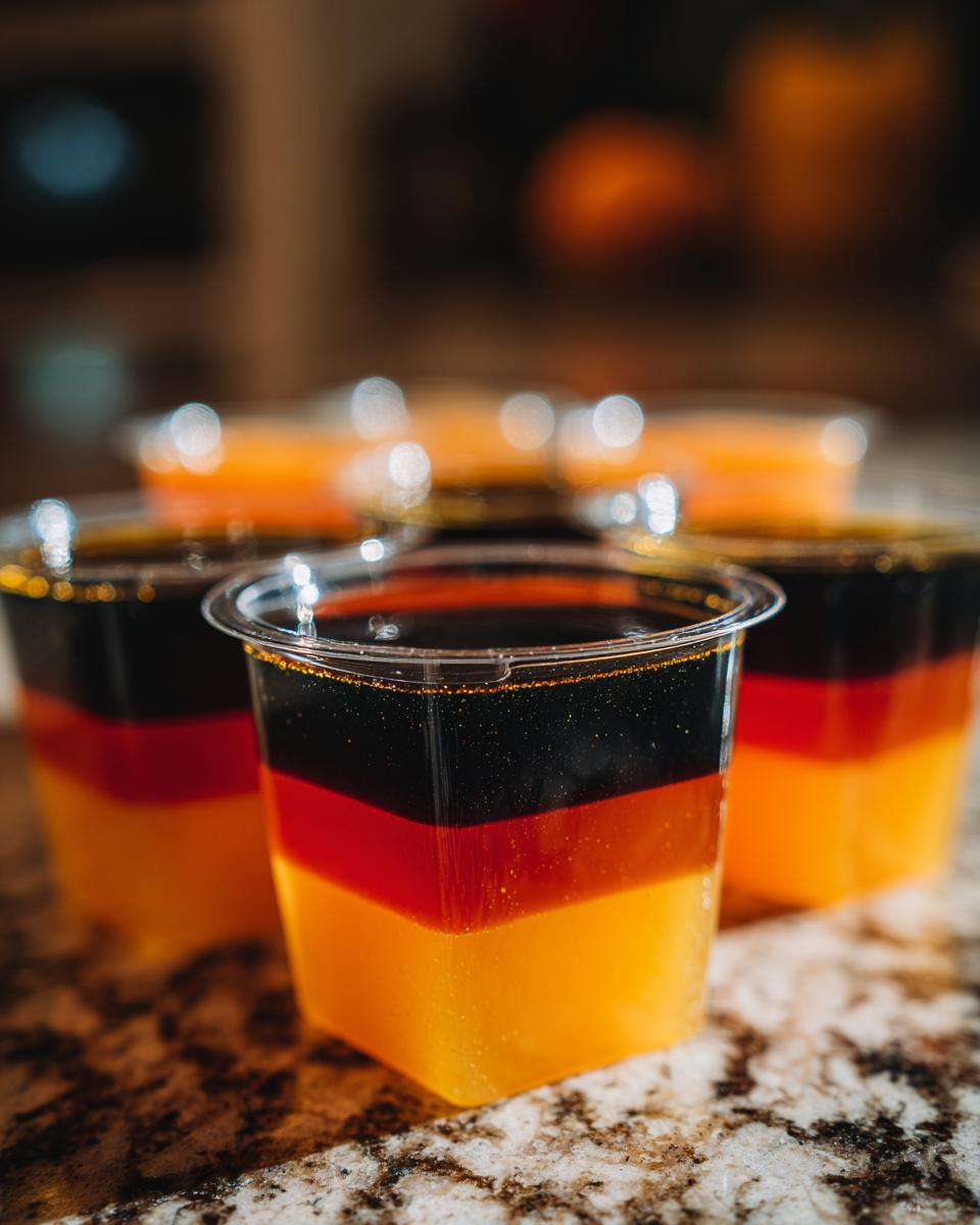 Close-up of layered German flag Halloween Jello Shots in clear plastic cups on a granite counter.