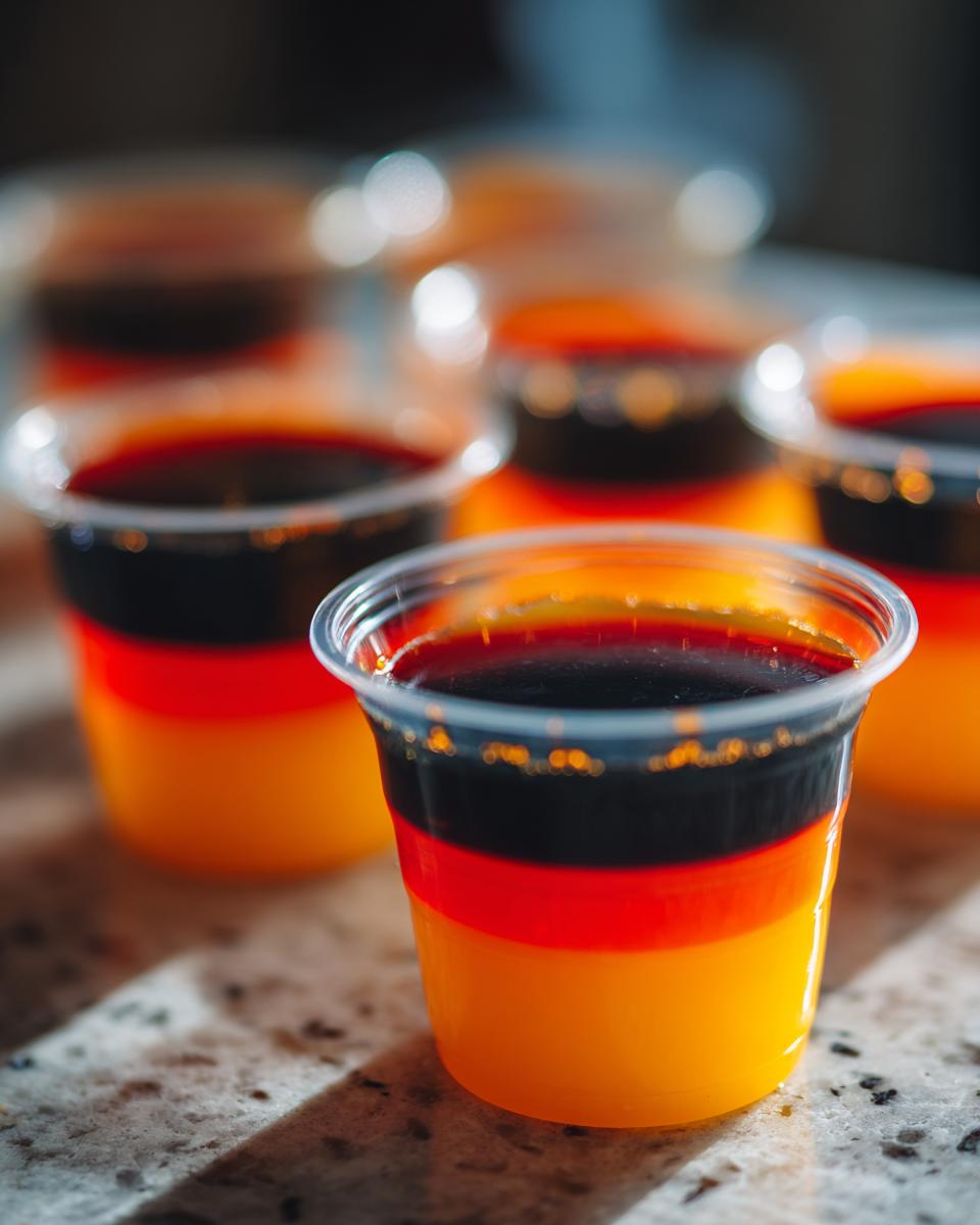 Close-up of layered, tri-color Halloween Jello Shots resembling the German flag colors.