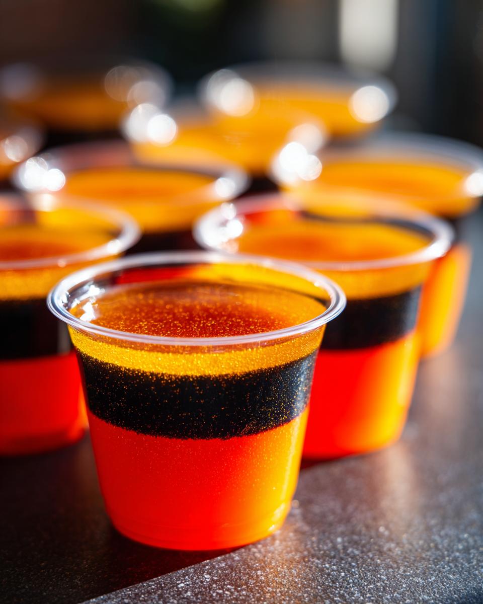 Close-up of layered orange and black Halloween Jello Shots in clear plastic cups.
