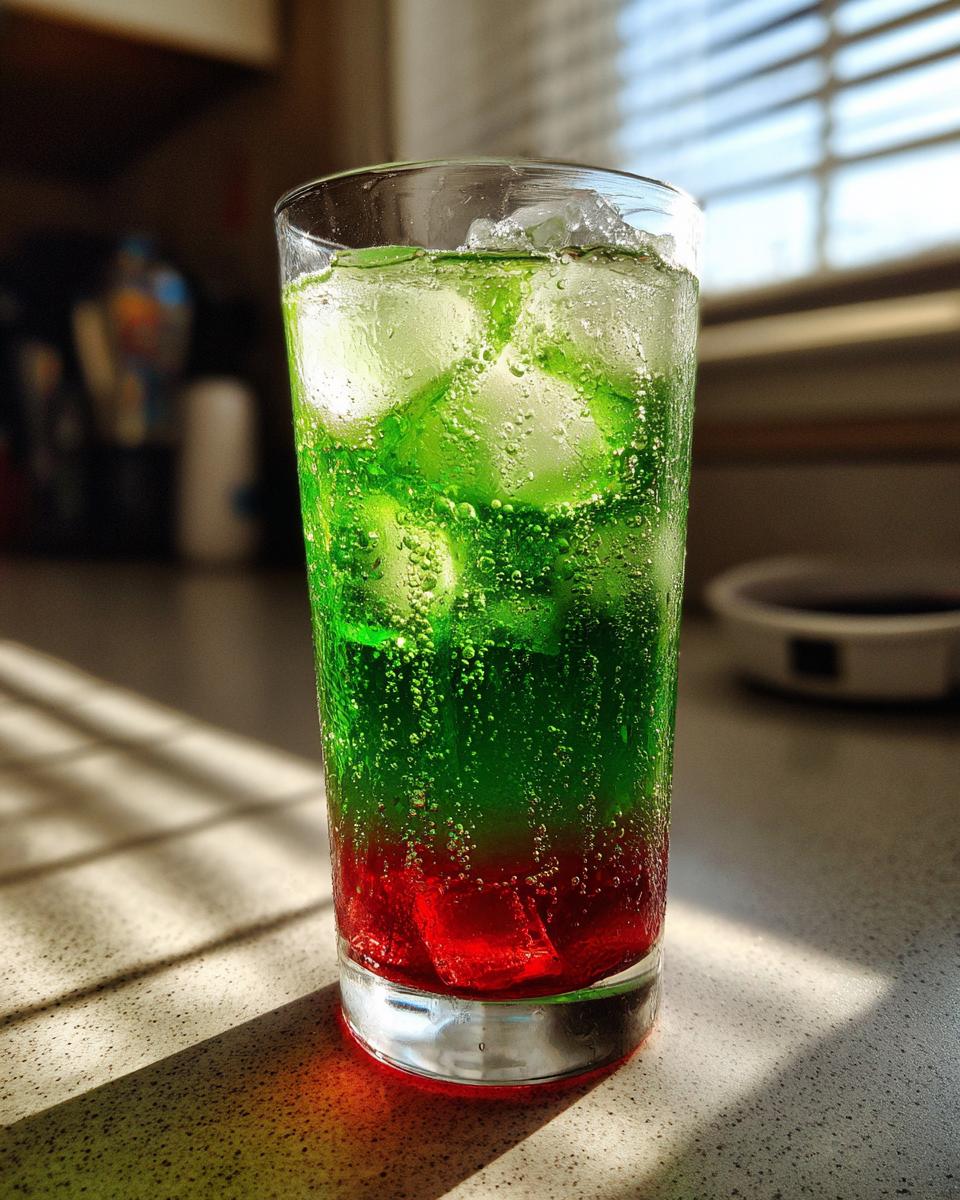 A tall glass showing a layered Zombie Punch Mocktail with bright green soda over red syrup, filled with ice cubes and fizz.