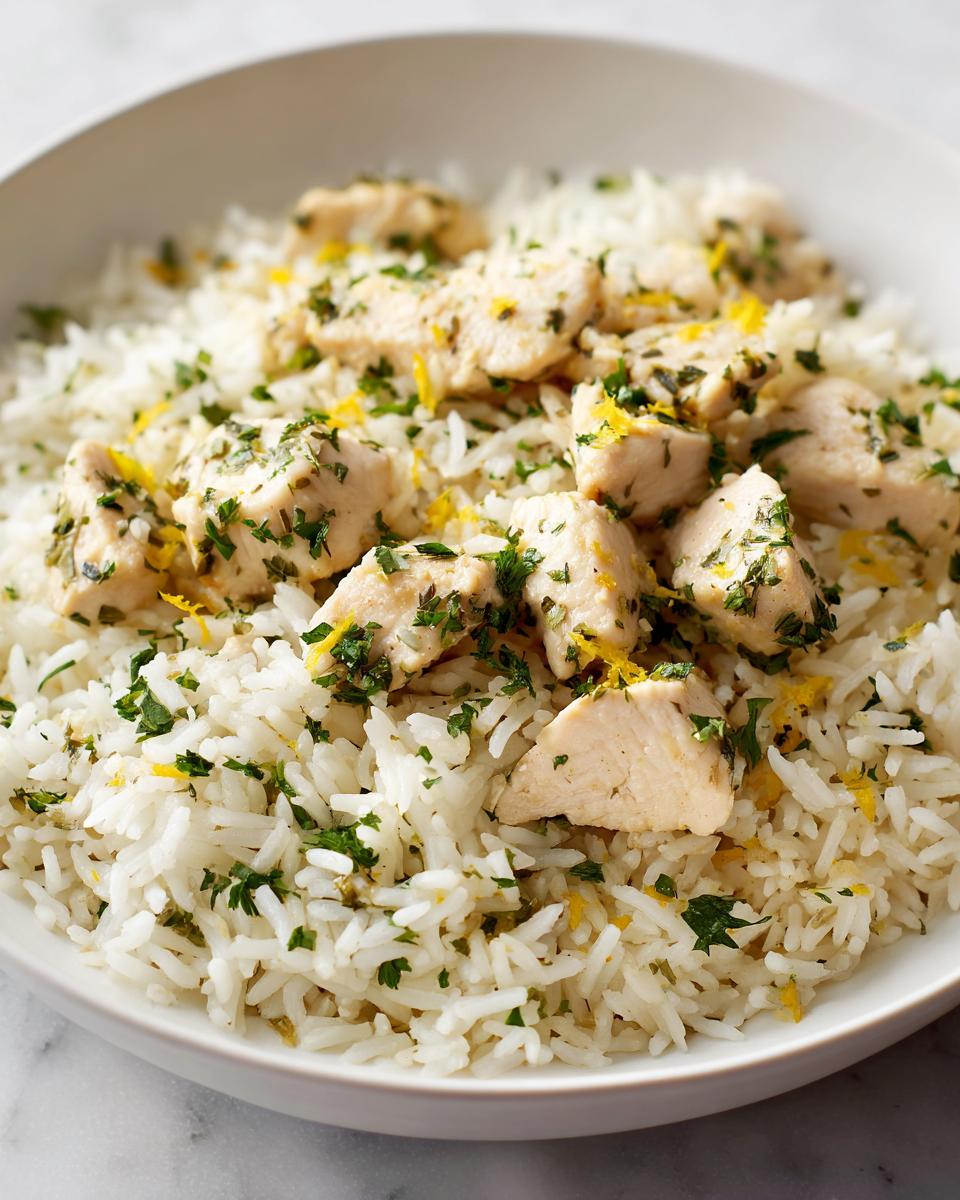 Close-up of tender chicken pieces served over fluffy white rice, garnished with lemon zest and fresh parsley for Lemon Herb Chicken and Rice.