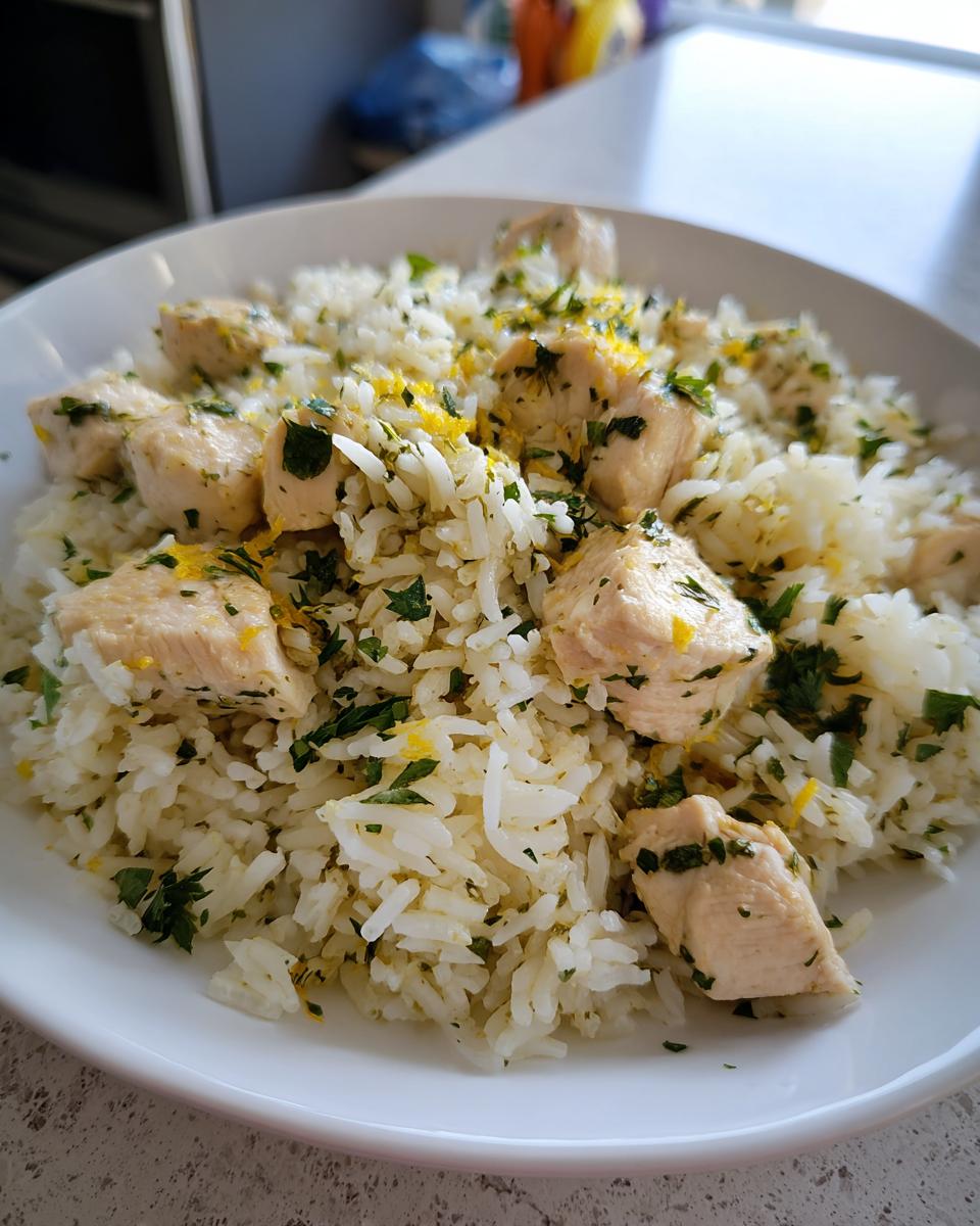 Close-up of a white bowl filled with Lemon Herb Chicken And Rice, topped with parsley and lemon zest.