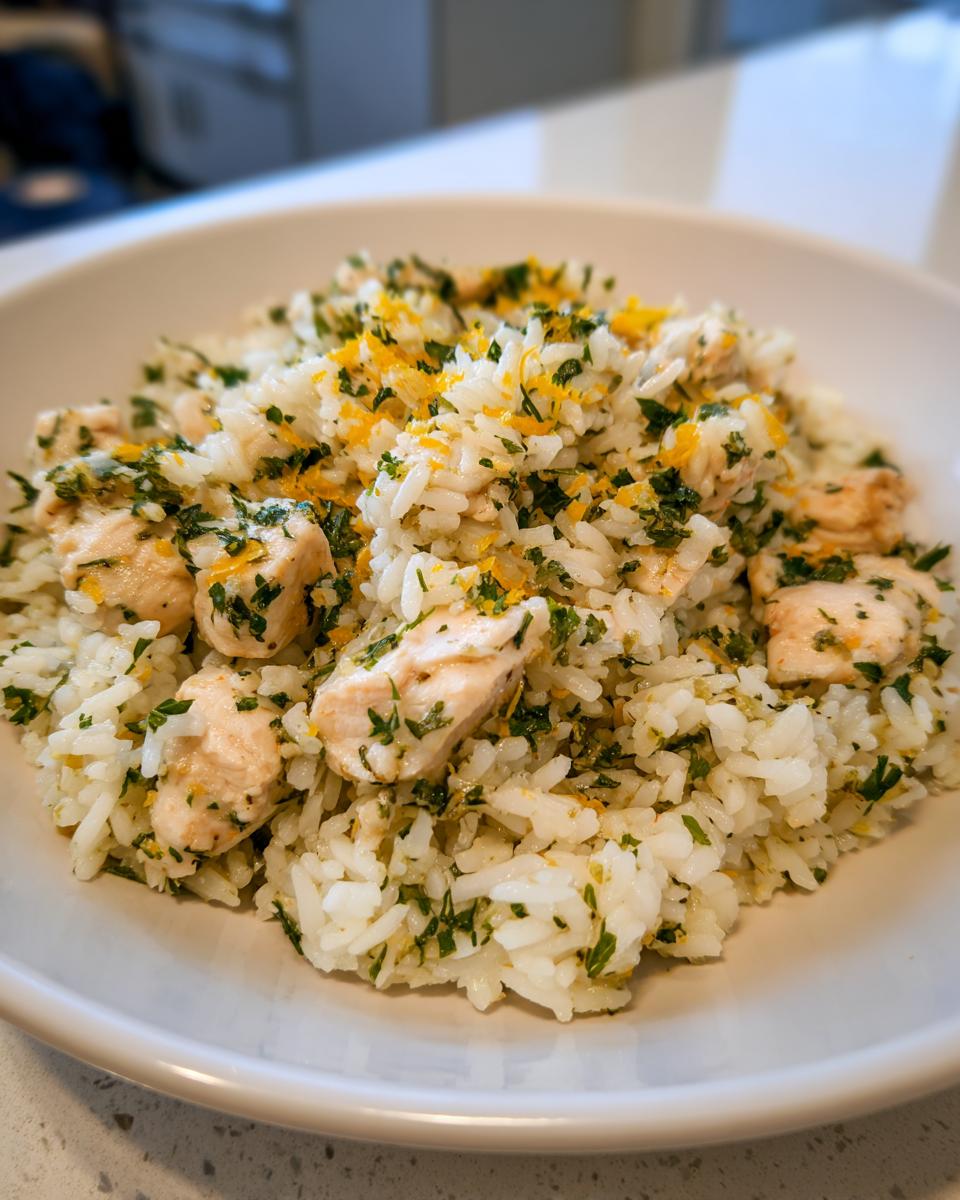 Close-up of a white bowl filled with Lemon Herb Chicken And Rice, topped with fresh parsley and lemon zest.