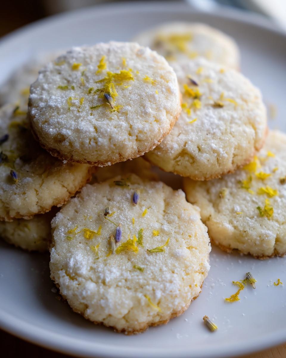 Close-up of Lemon Lavender Shortbread Cookies dusted with powdered sugar and topped with lemon zest and lavender buds.