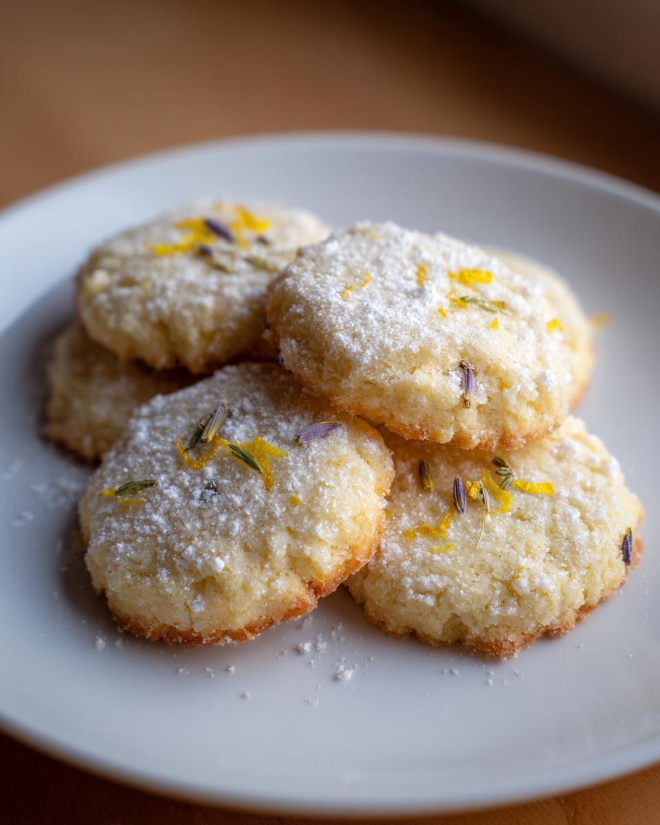 Close-up of several Lemon Lavender Shortbread Cookies dusted with powdered sugar and garnished with lemon zest and lavender buds.