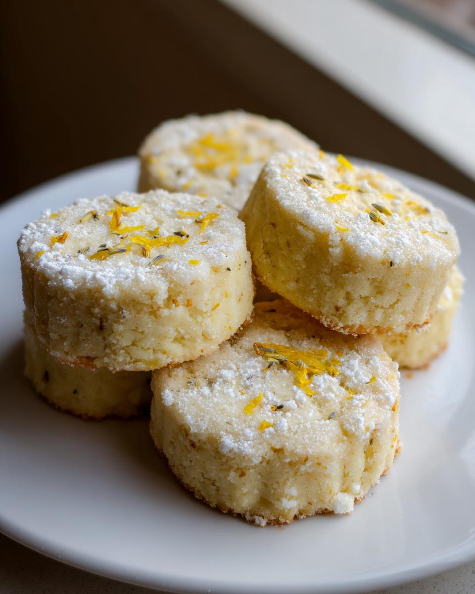 A close-up stack of round Lemon Lavender Shortbread Cookies dusted with powdered sugar and garnished with lemon zest and lavender buds.