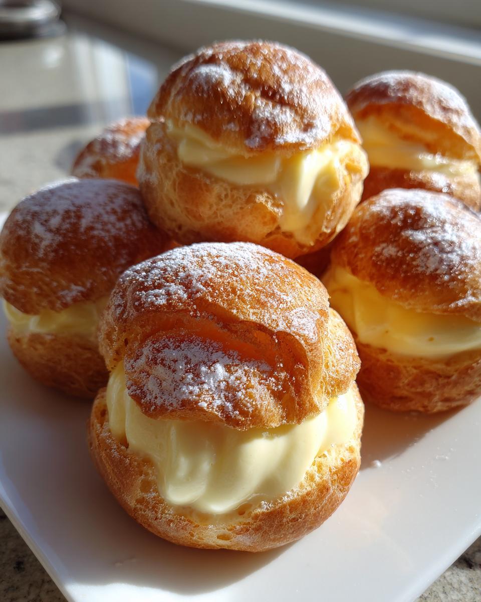 Close-up of several Light Choux Pastries With Lemon Cream, dusted with powdered sugar, served on a white plate.