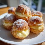 Five golden Light Choux Pastries With Lemon Cream dusted with powdered sugar, served on a white plate.
