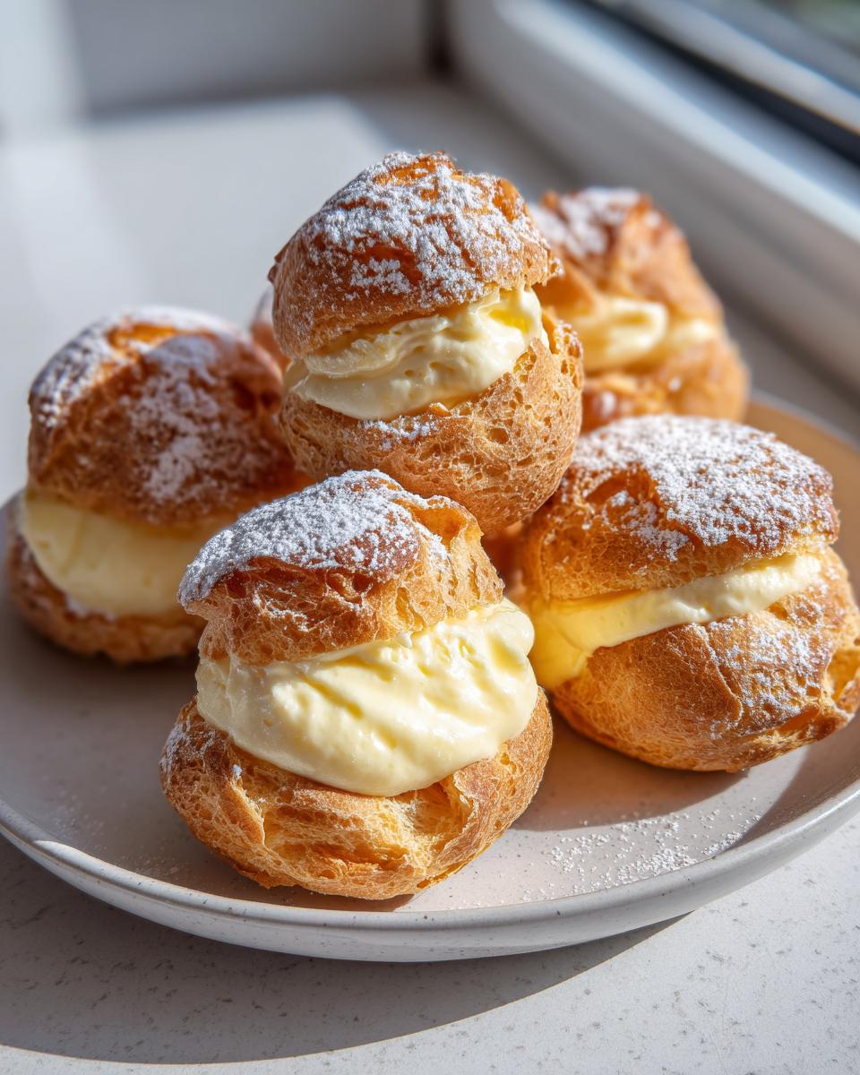 A stack of Light Choux Pastries With Lemon Cream, dusted with powdered sugar, sitting on a light plate.