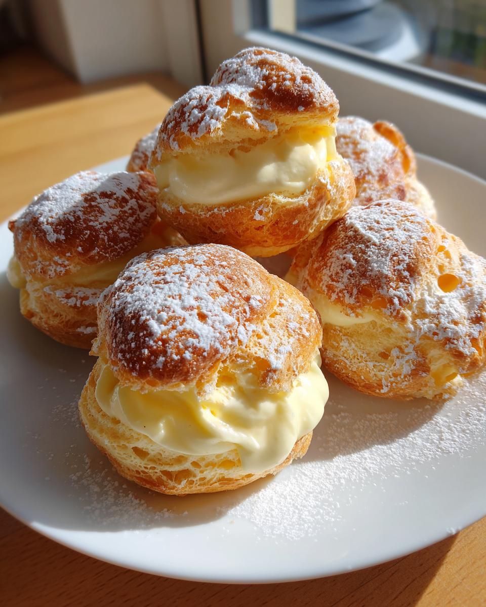 A stack of Light Choux Pastries With Lemon Cream dusted with powdered sugar on a white plate.