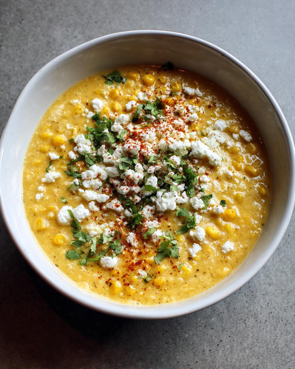 Overhead view of a creamy Mexican Street Corn Soup topped generously with crumbled white cheese, cilantro, and chili powder.