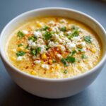 Close-up of a bowl of creamy Mexican Street Corn Soup garnished with crumbled white cheese and cilantro.
