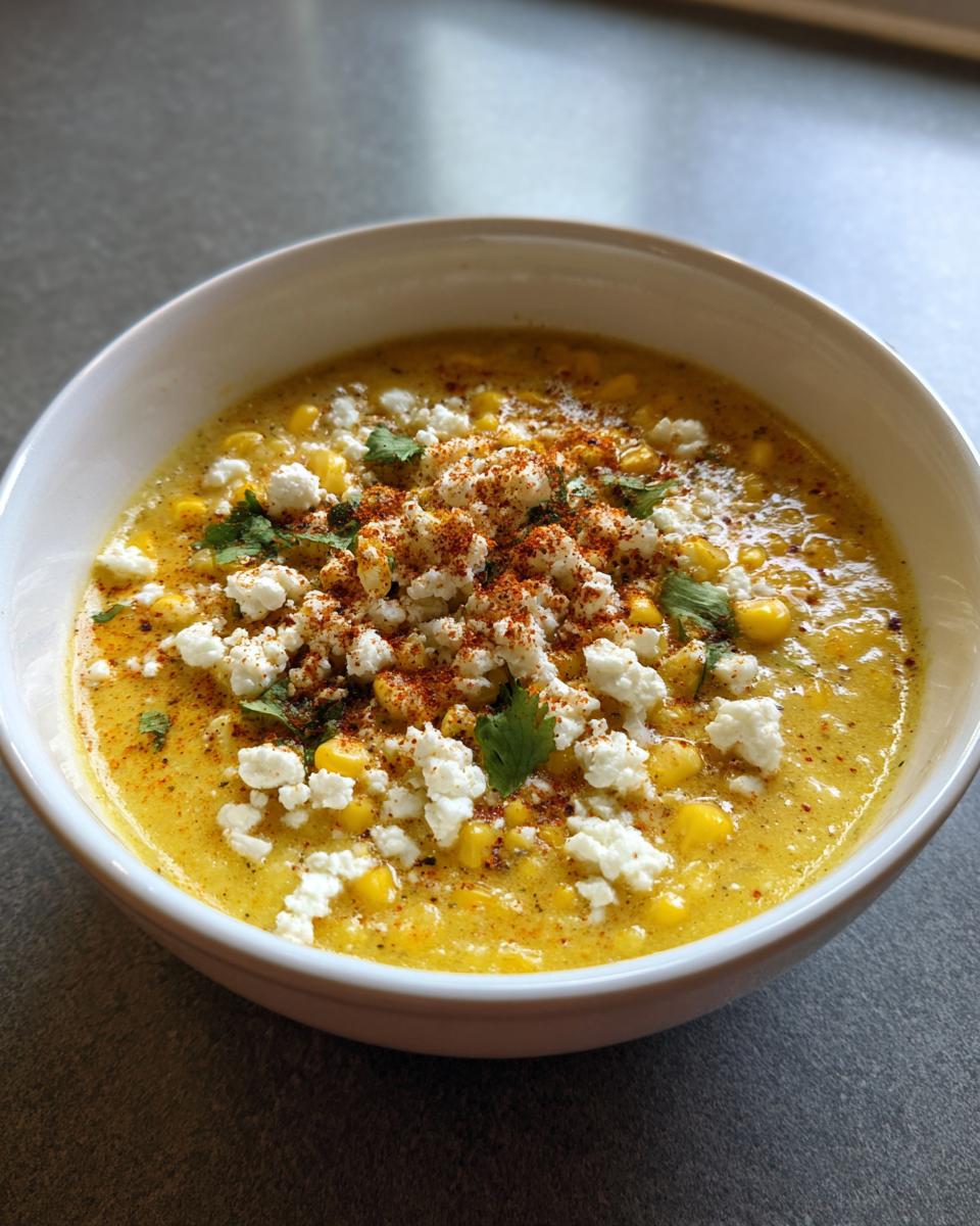 Close-up of a bowl of vibrant yellow Mexican Street Corn Soup, topped generously with crumbled white cheese and chili powder.