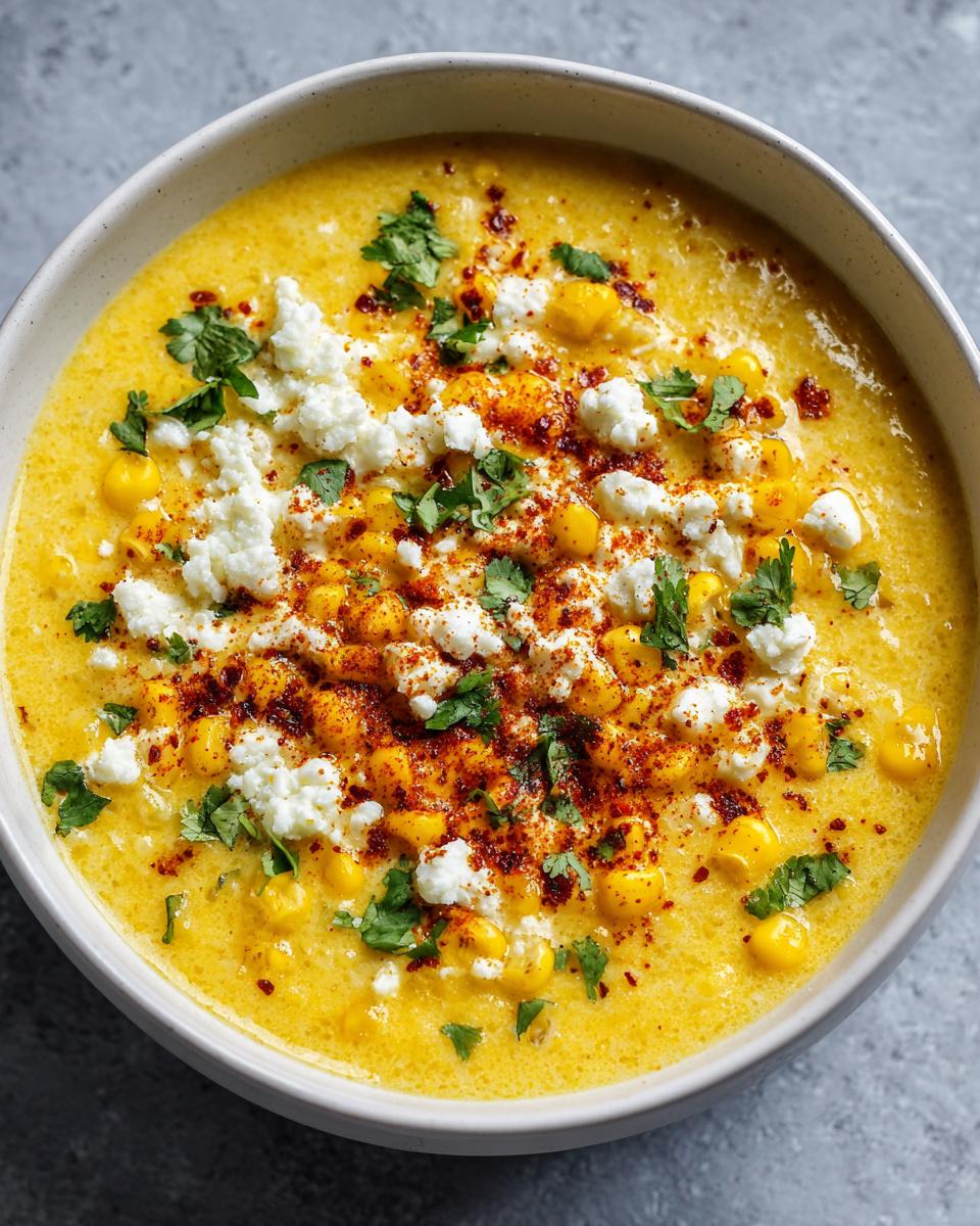 A close-up overhead view of a bowl of creamy Mexican Street Corn Soup garnished with cotija cheese, chili powder, and cilantro.