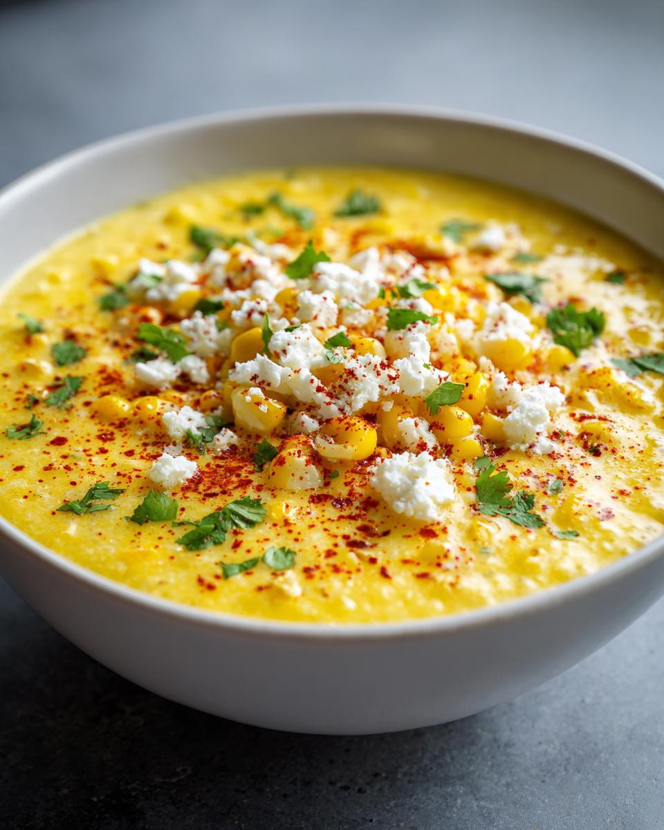 Close-up of a bowl of creamy Mexican Street Corn Soup garnished with cotija cheese, chili powder, and cilantro.