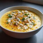 A close-up of a white bowl filled with creamy Mexican Street Corn Soup, topped with cotija cheese, cilantro, and chili powder.