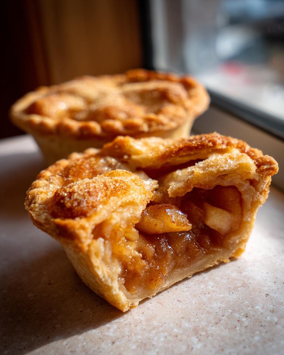 Close-up of a mini apple pie cut in half showing spiced apple filling and a sugar-dusted crust. Perfect for Mini Apple Pies.