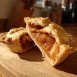 Close-up of two halves of a Mini Apple Pie showing the gooey, spiced apple filling inside flaky crust.