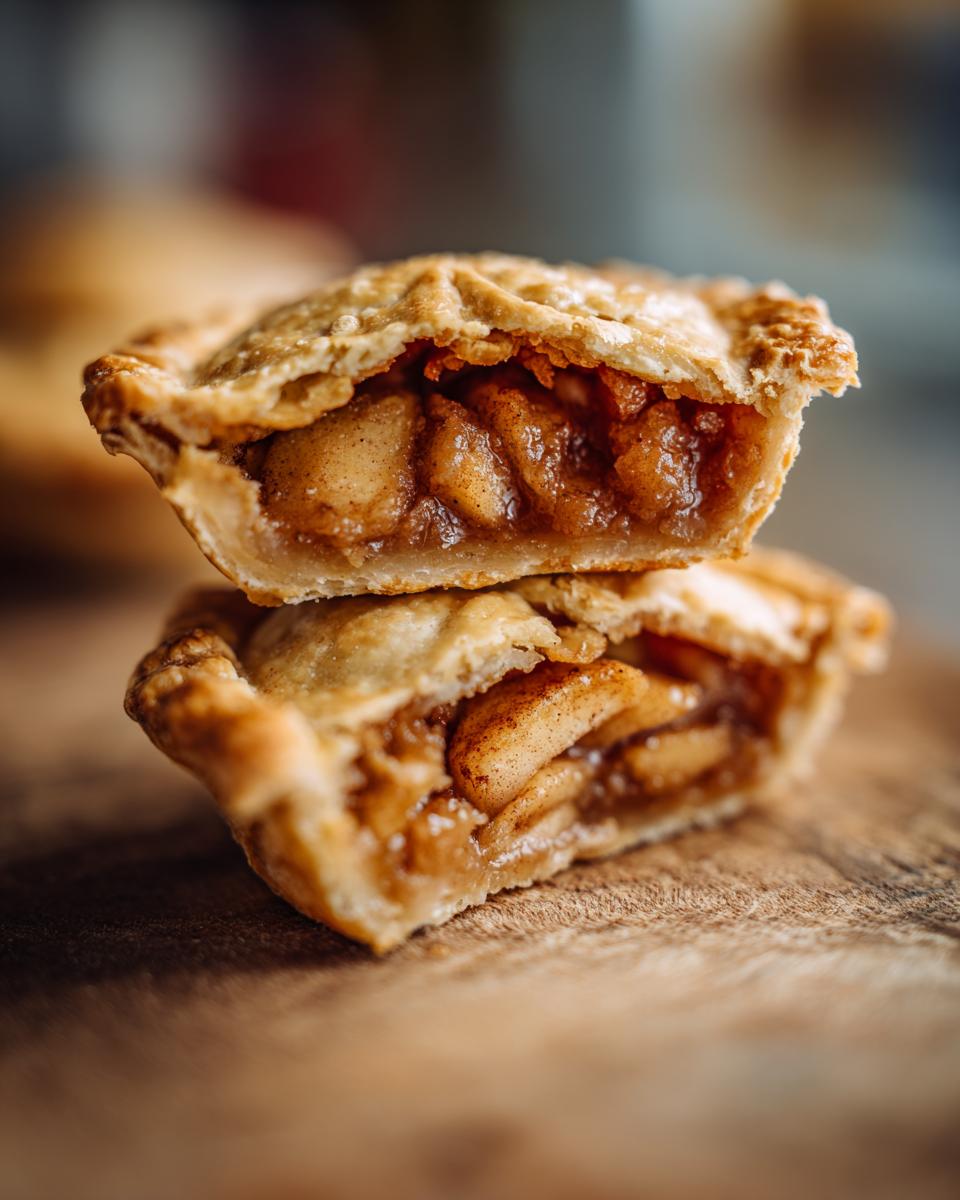 Close-up of two stacked Mini Apple Pies cut in half, revealing spiced apple filling inside the flaky crust.