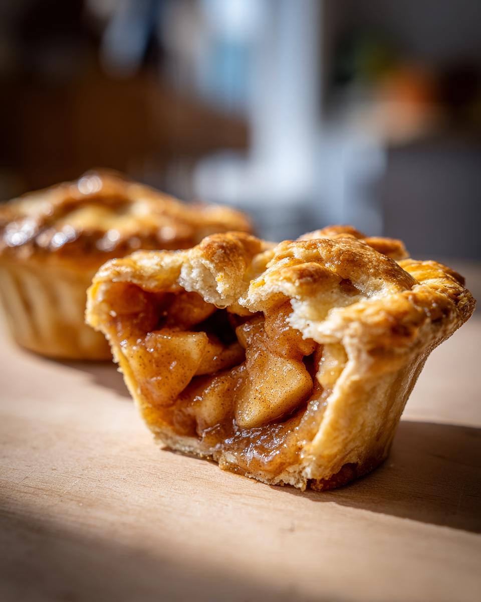 Close-up of a Mini Apple Pie cut in half showing spiced apple filling and flaky crust.