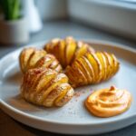 Four golden, crispy Mini Hasselback Potatoes served on a white plate next to a dollop of orange Vegan Cajun Mayo.