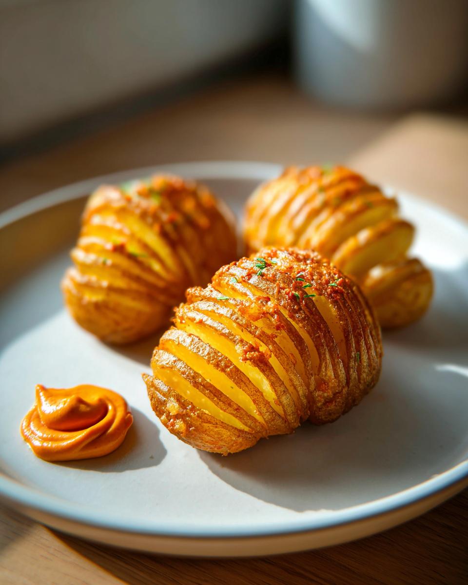 Three crispy Mini Hasselback Potatoes With Vegan Cajun Mayo served on a white plate with a swirl of orange dipping sauce.