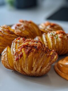 Close-up of crispy Mini Hasselback Potatoes served with a dollop of orange Vegan Cajun Mayo on a grey plate.